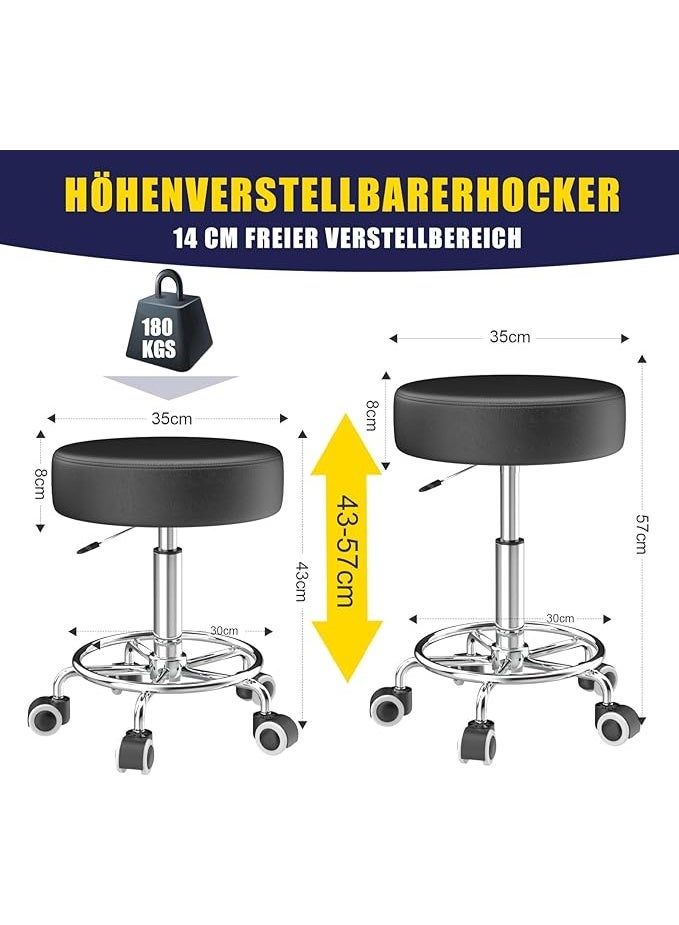 Height-Adjustable Rolling Stool with Footrest, Swivel Work Stool with Wheels and PU Leather Seat - Image 4
